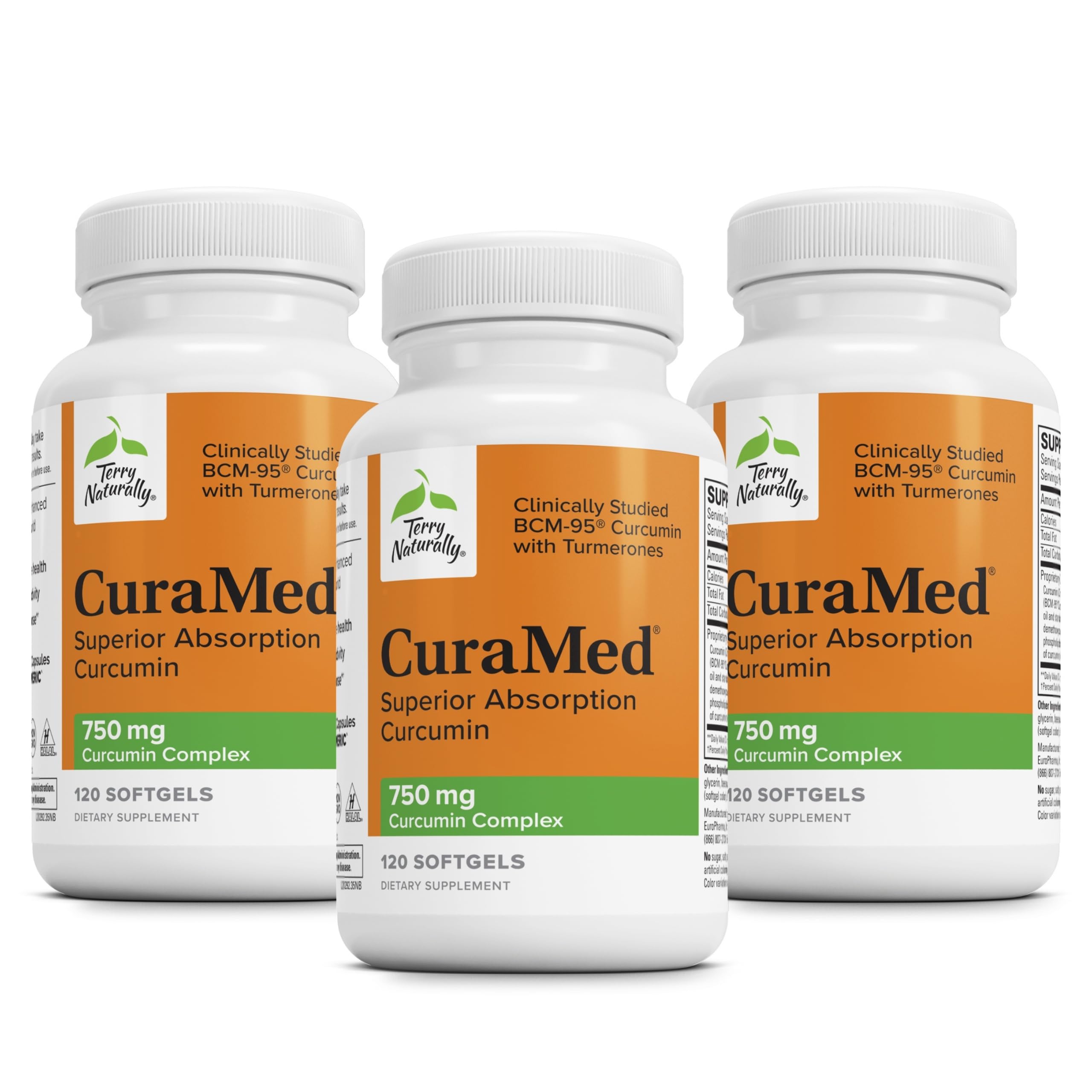 Terry Naturally CuraMed 750 mg bottle close-up highlighting high-potency curcumin and absorption