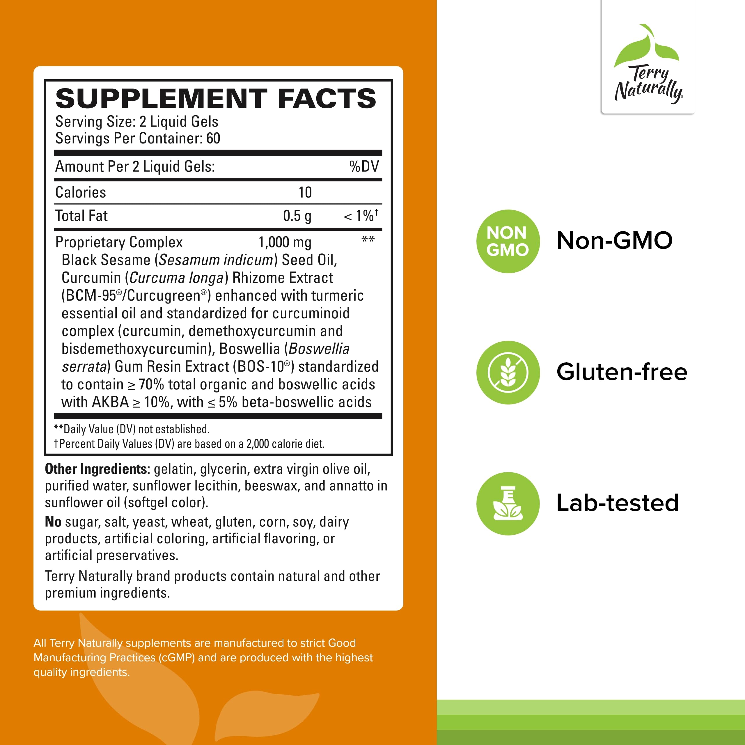 Terry Naturally Curamed BCM-95 curcumin capsules close-up highlighting ingredients.