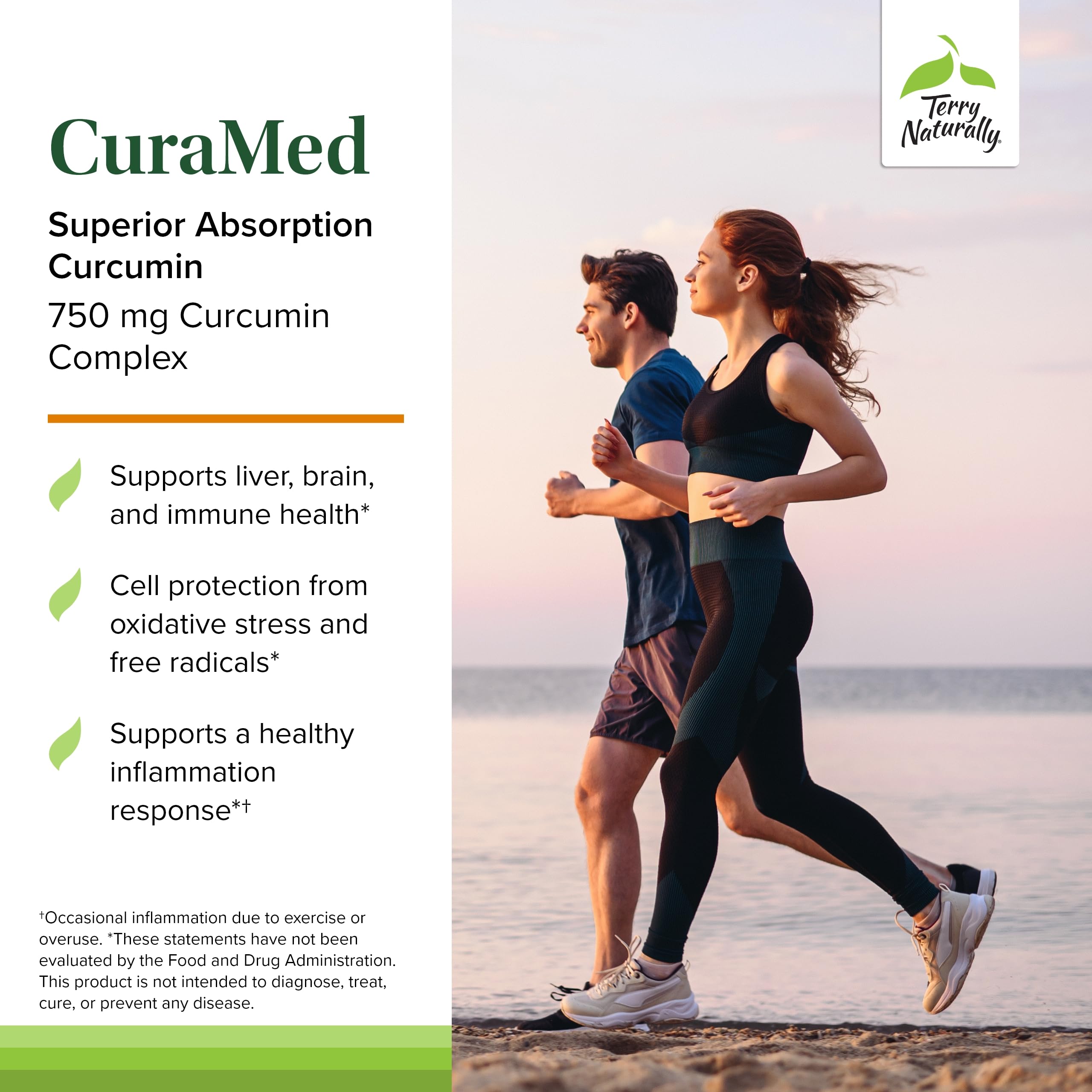 Close-up of CuraMed curcuminoids content showing 500 mg per serving and enhanced absorption.