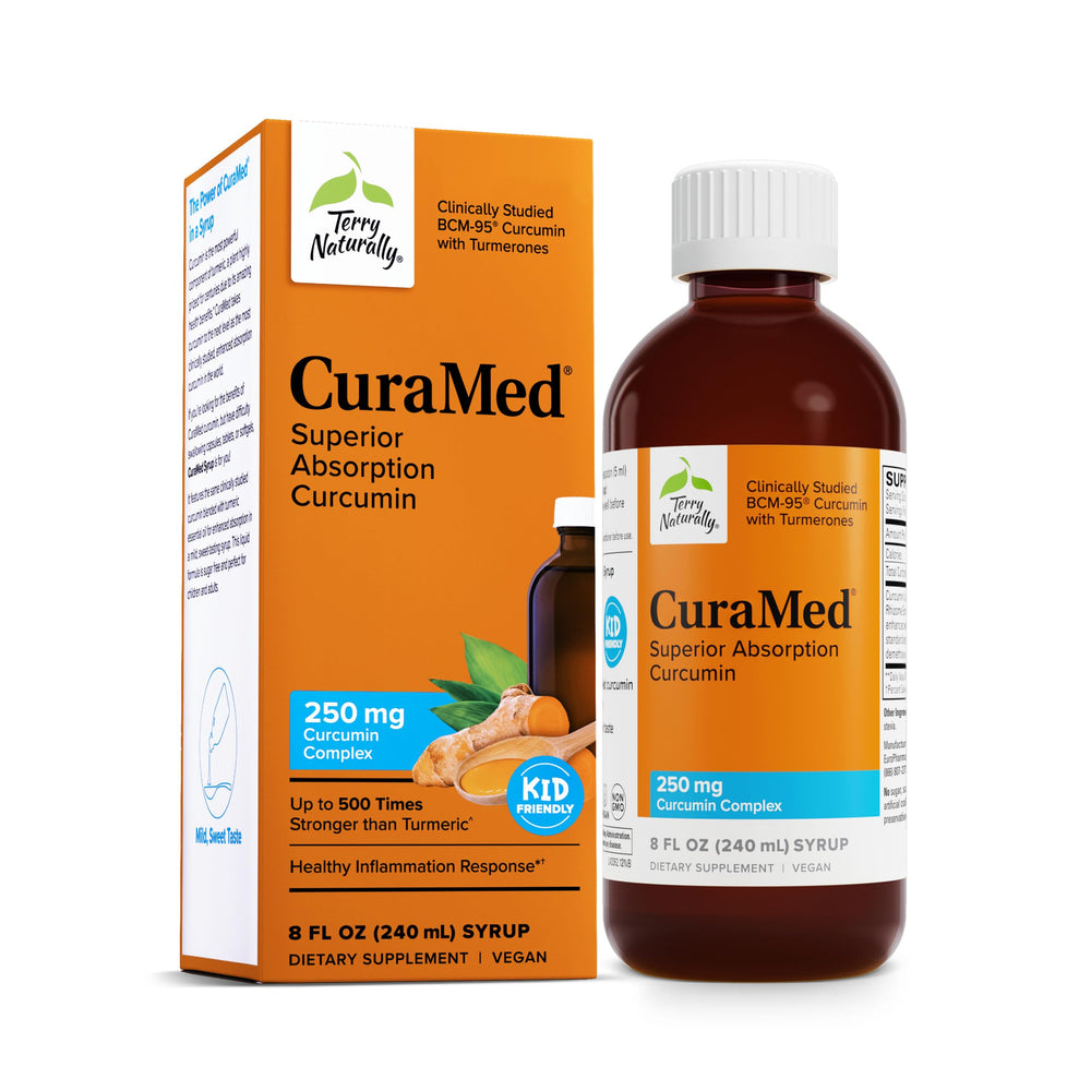 Terry Naturally CuraMed Syrup bottle with BCM-95 curcumin and turmeric oil for enhanced absorption