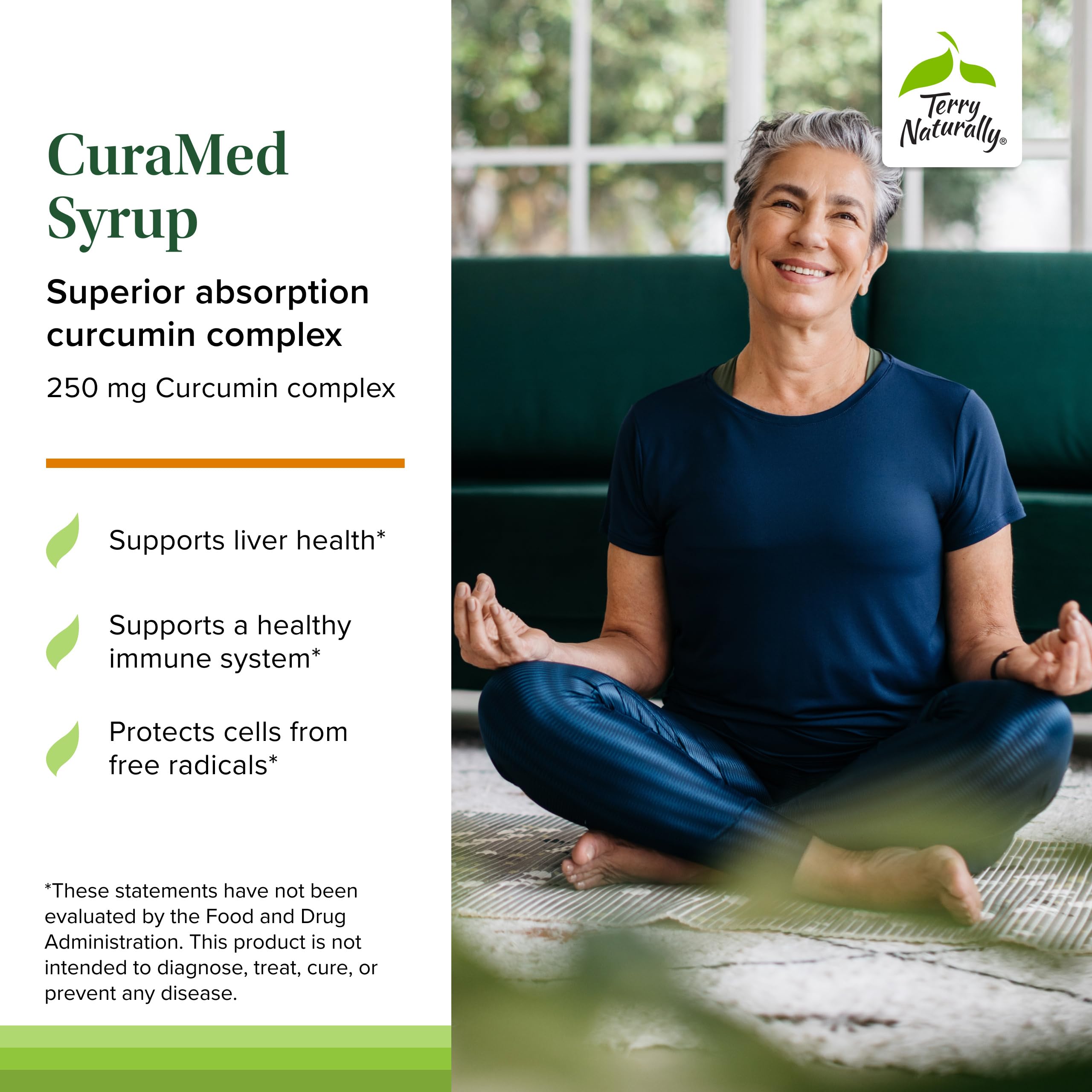 Terry Naturally CuraMed Syrup label highlights vegan, non-GMO, gluten-free formulation