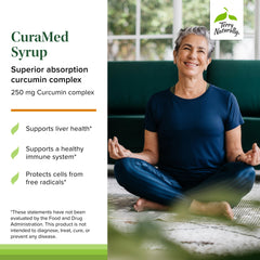 Terry Naturally CuraMed Syrup label highlights vegan, non-GMO, gluten-free formulation