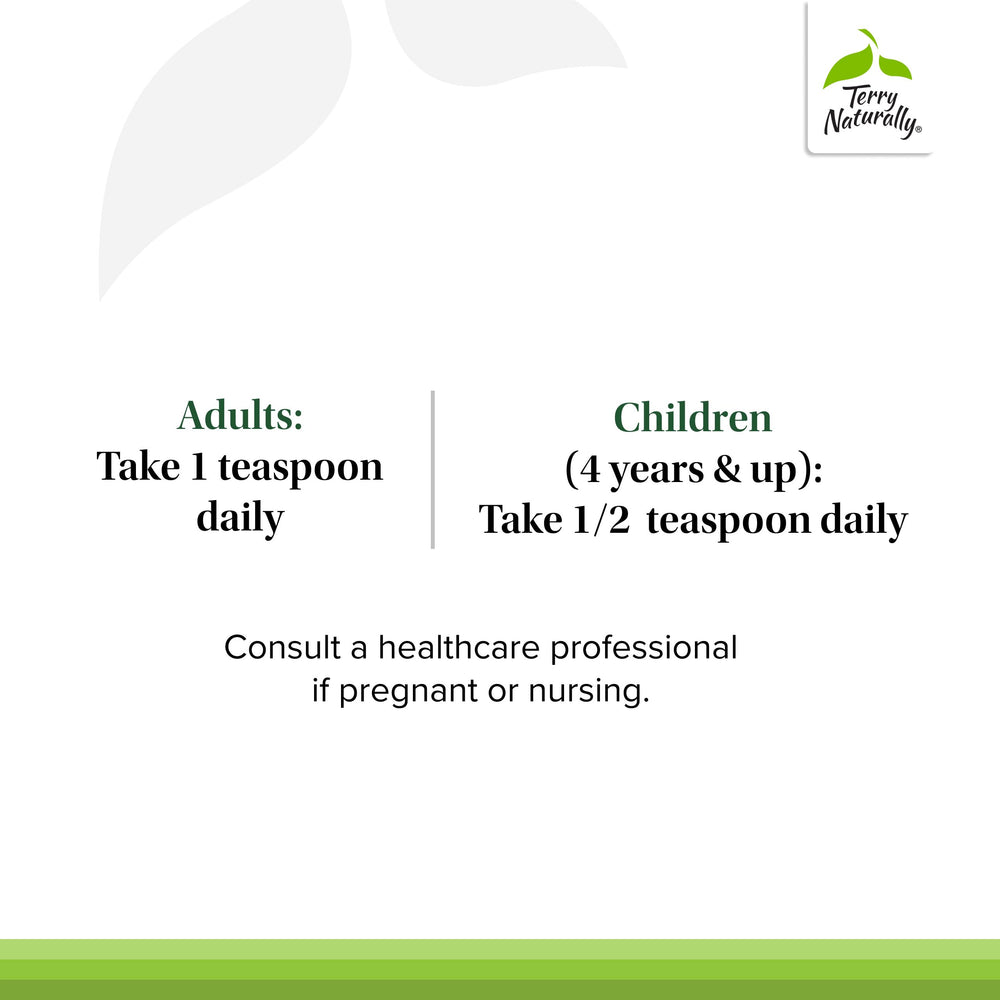 Measuring spoon beside Terry Naturally CuraMed Syrup shows convenient 1 teaspoon daily dosage