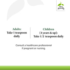 Measuring spoon beside Terry Naturally CuraMed Syrup shows convenient 1 teaspoon daily dosage