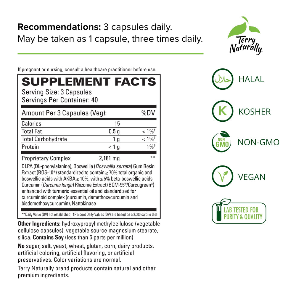 Terry Naturally Curamin capsules close-up emphasizing BCM-95 curcumin for joints