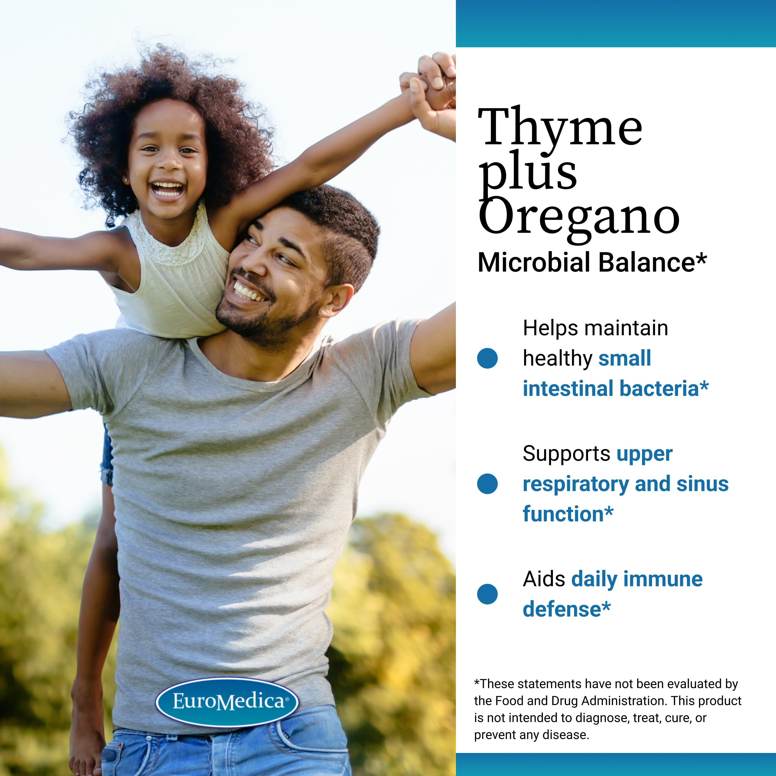 EuroMedica Thyme Plus Oregano bottle with fresh herbs highlighting digestive balance