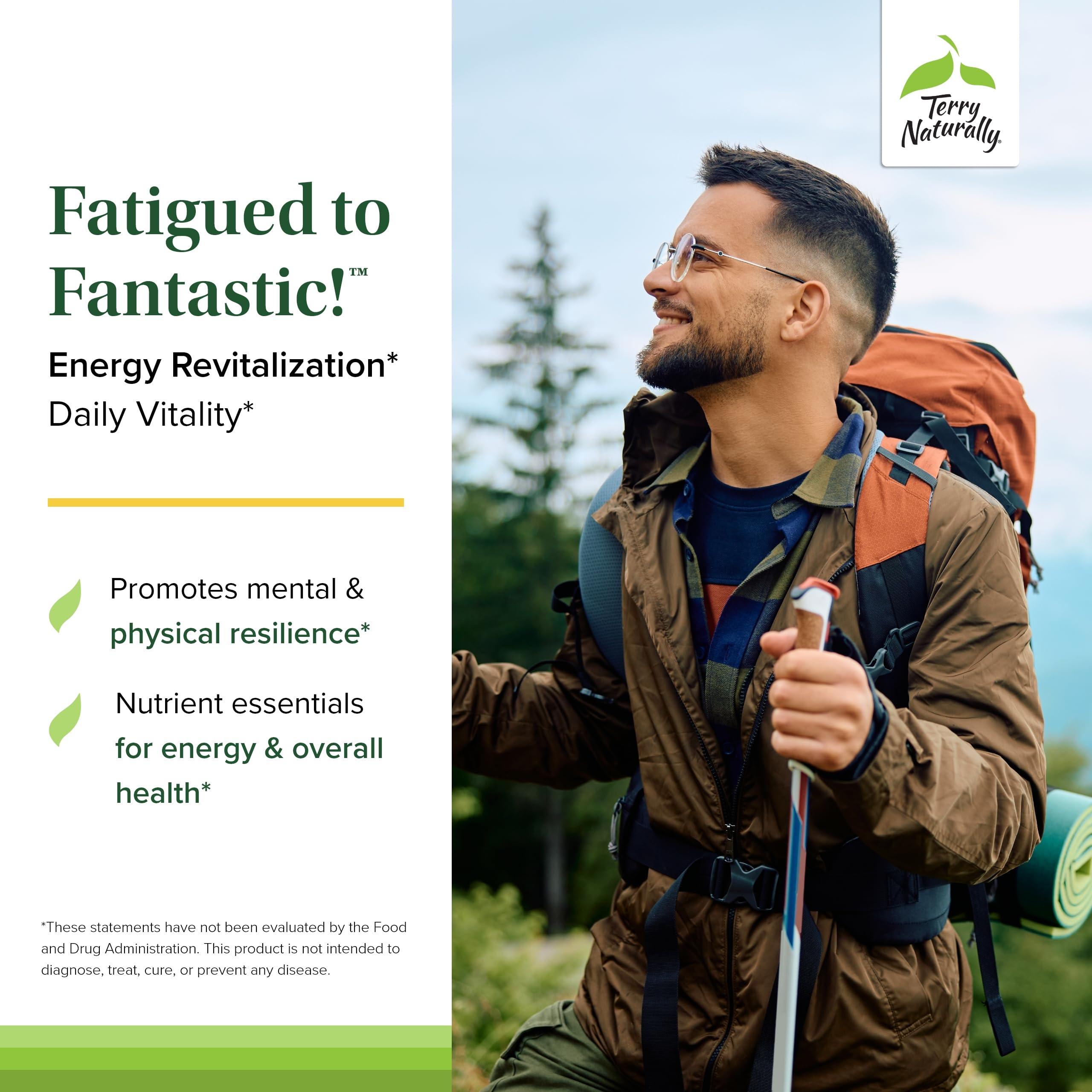 Close-up of Fatigued to Fantastic label highlighting gluten-free multivitamin benefits.
