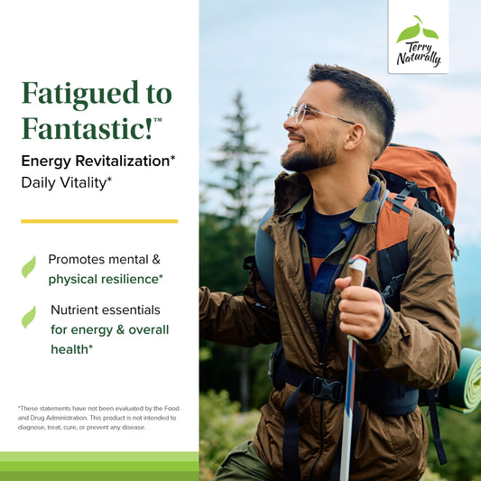 Close-up of Fatigued to Fantastic label highlighting gluten-free multivitamin benefits.