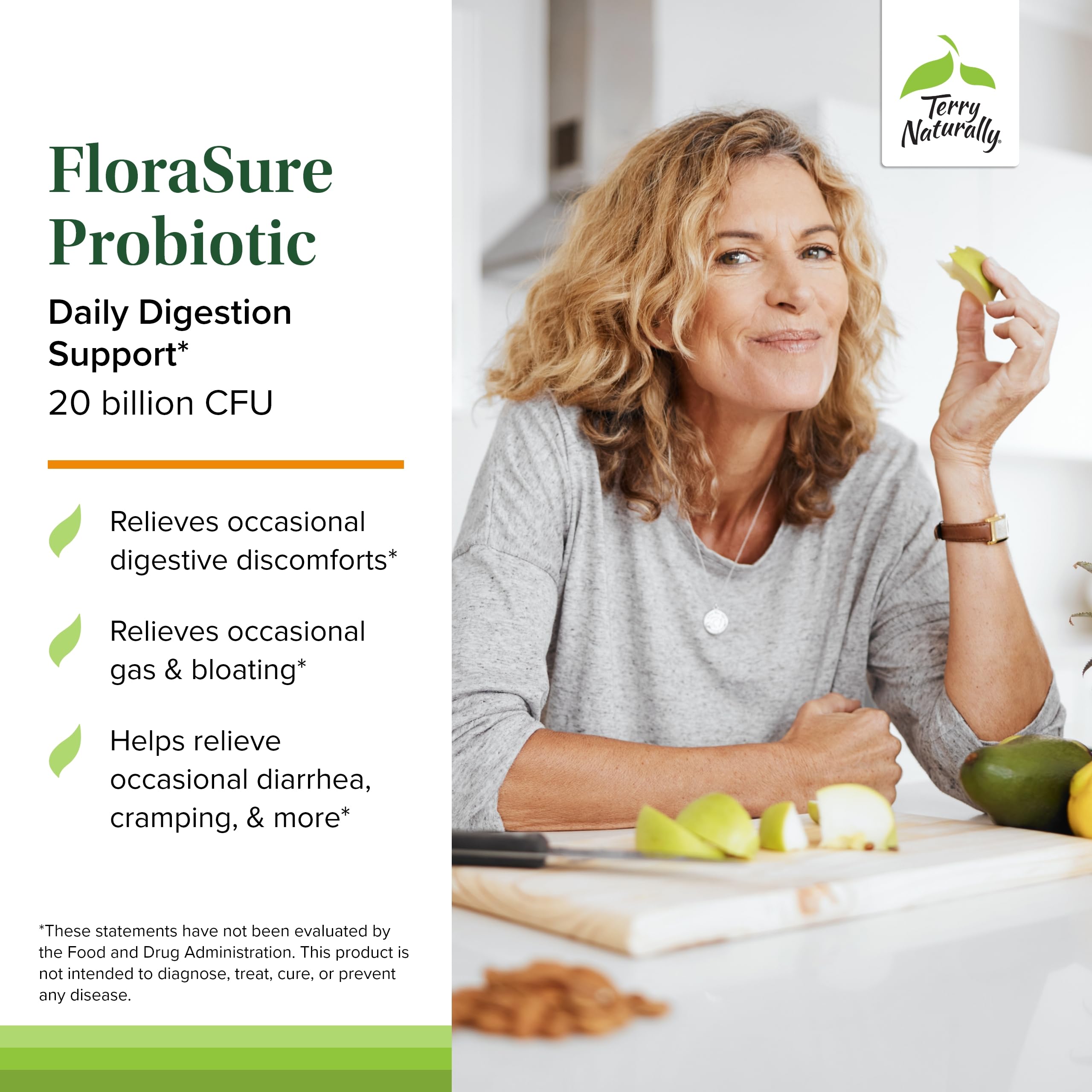 Capsules pouring from FloraSure bottle indicating easy daily use