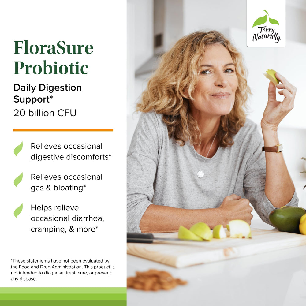 Capsules pouring from FloraSure bottle indicating easy daily use