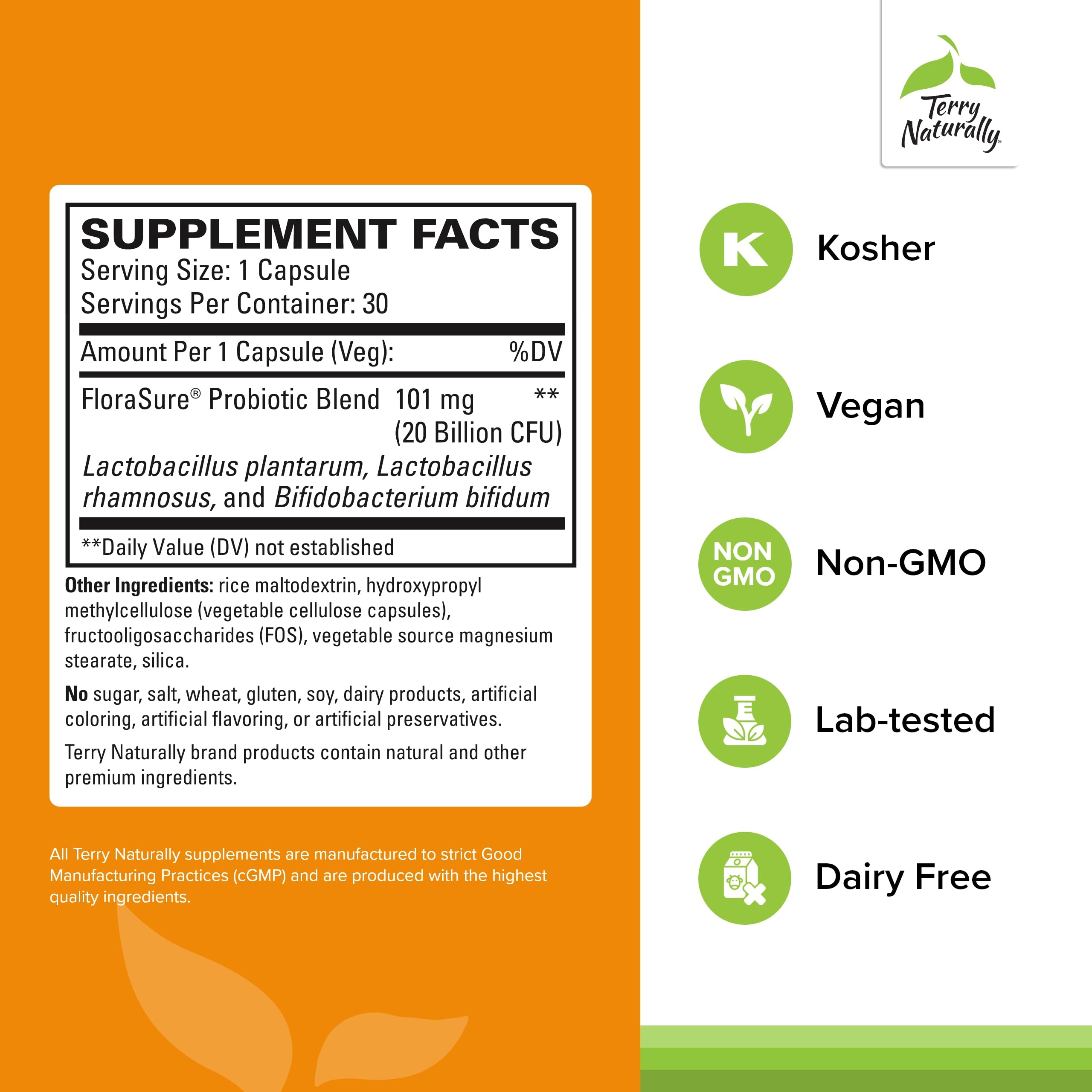 FloraSure label close-up highlighting probiotic strains for digestion