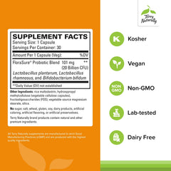 FloraSure label close-up highlighting probiotic strains for digestion