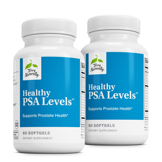 Terry Naturally Healthy PSA Levels bottle featuring BCM-95 curcumin softgels for prostate support