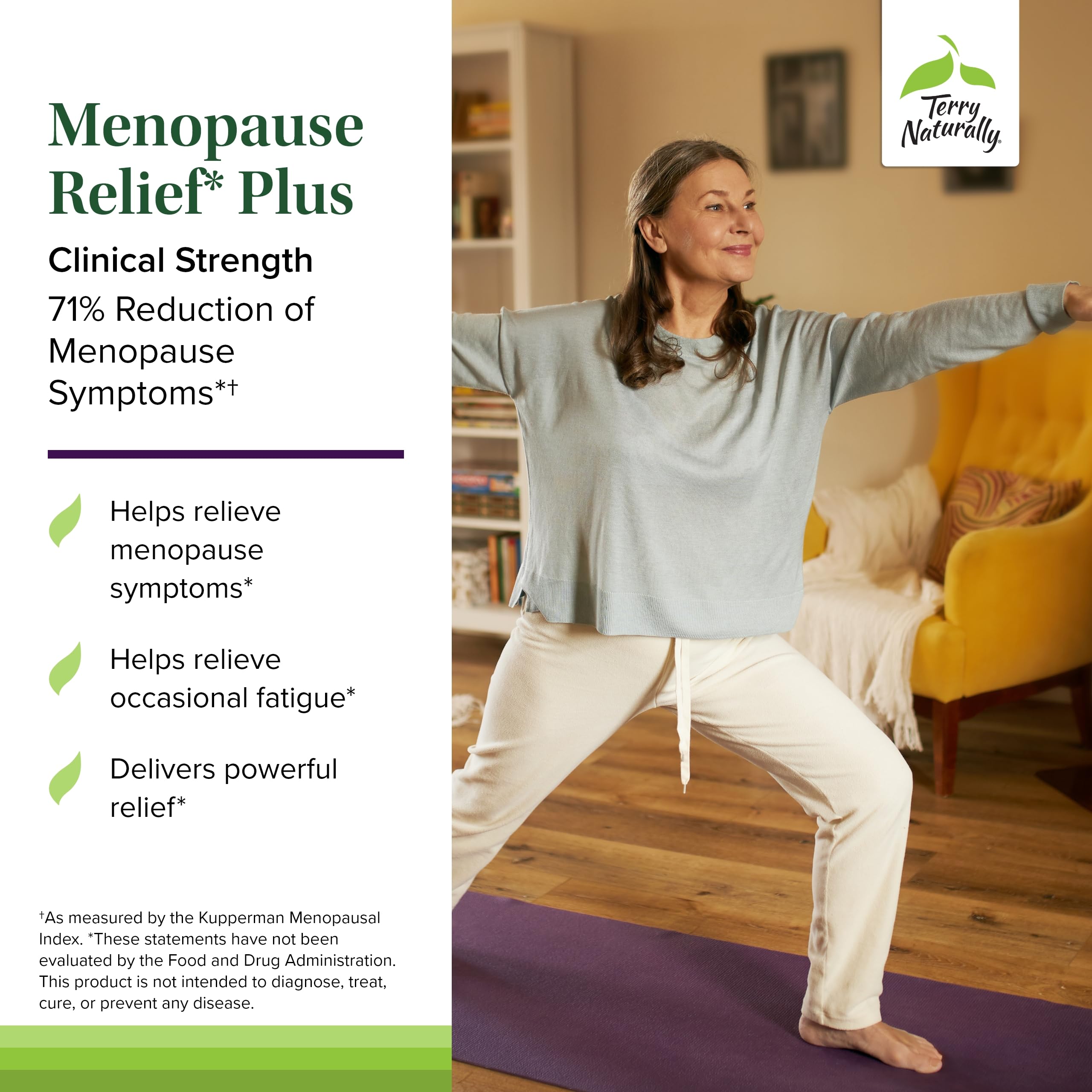 Terry Naturally Menopause Relief Plus black cohosh EP40 illustration emphasizes full phytonutrient spectrum.