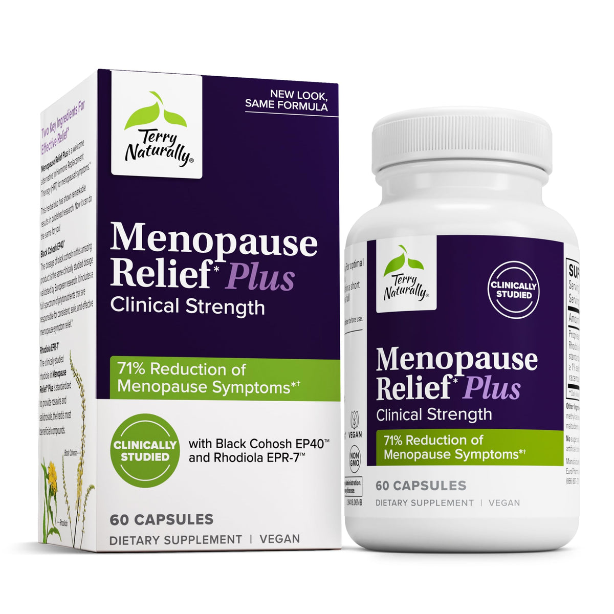 Terry Naturally Menopause Relief Plus bottle front shows vegan, non-GMO formula for symptom support.