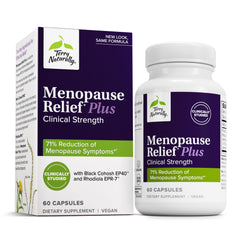 Terry Naturally Menopause Relief Plus bottle front shows vegan, non-GMO formula for symptom support.