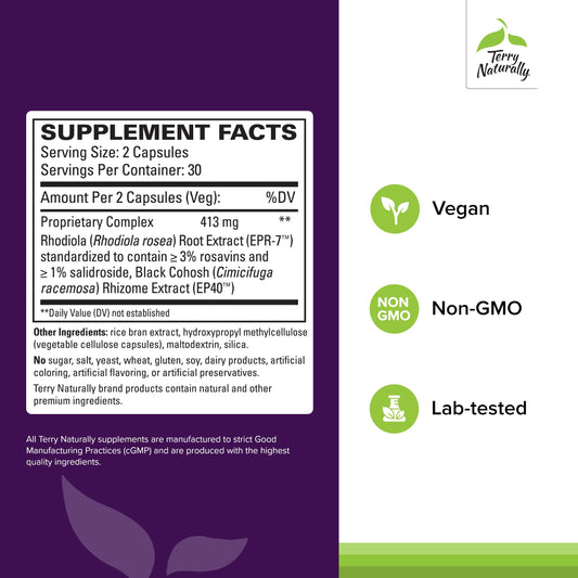 Terry Naturally Menopause Relief Plus bottle label close-up highlights rhodiola and black cohosh ingredients.