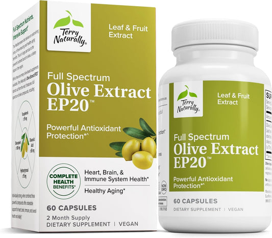Terry Naturally Olive Extract EP20 bottle front view supports immune health and brain function.