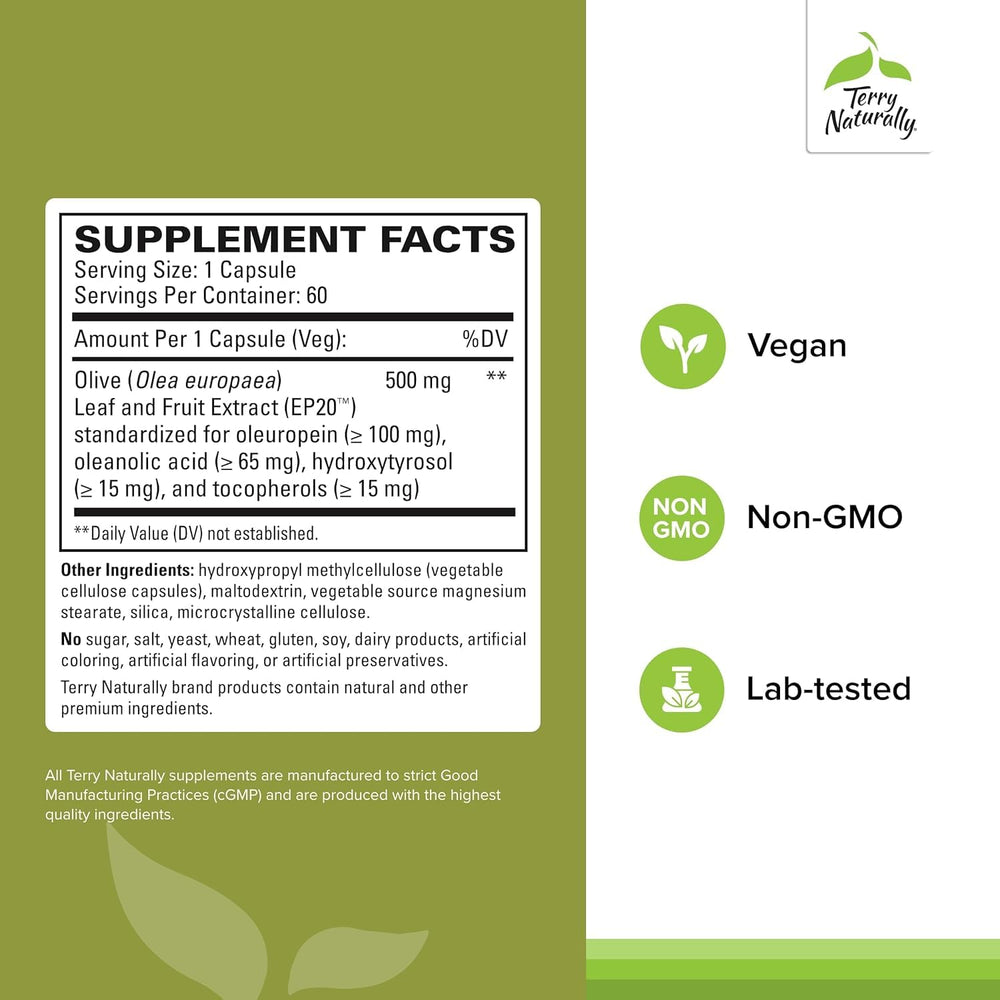 Terry Naturally Olive Extract EP20 label close-up highlighting immune support.