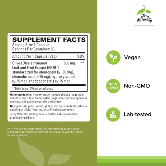 Terry Naturally Olive Extract EP20 label close-up highlighting immune support.
