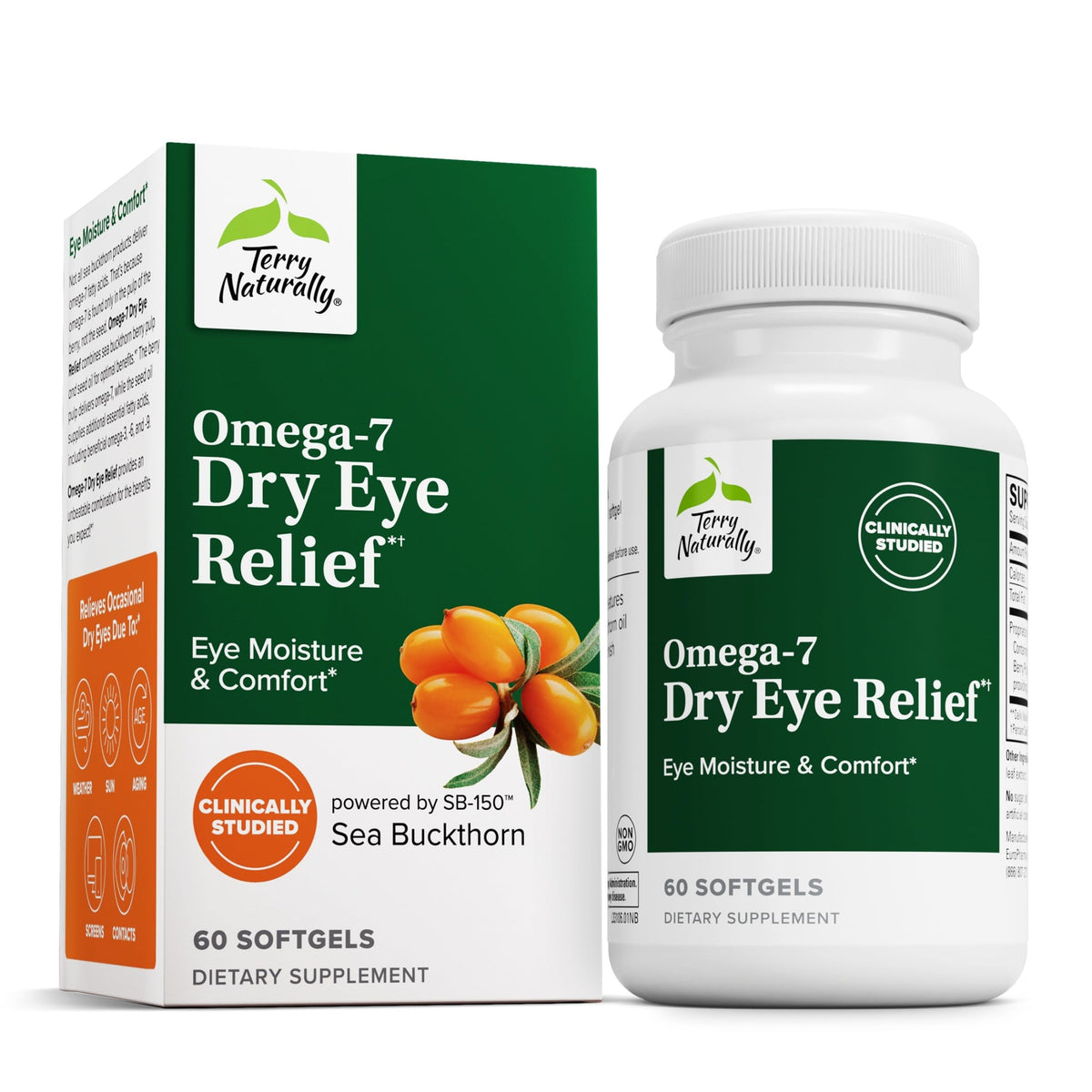 Terry Naturally Omega-7 Dry Eye Relief bottle closeup for eye moisture support