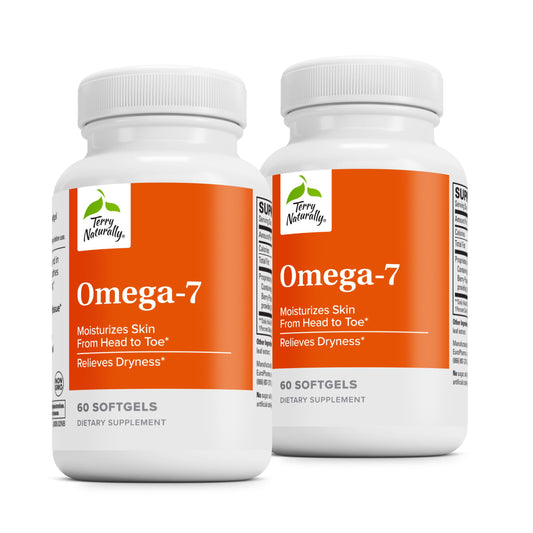Terry Naturally Omega-7 sea buckthorn oil bottle showing skin hydration focus