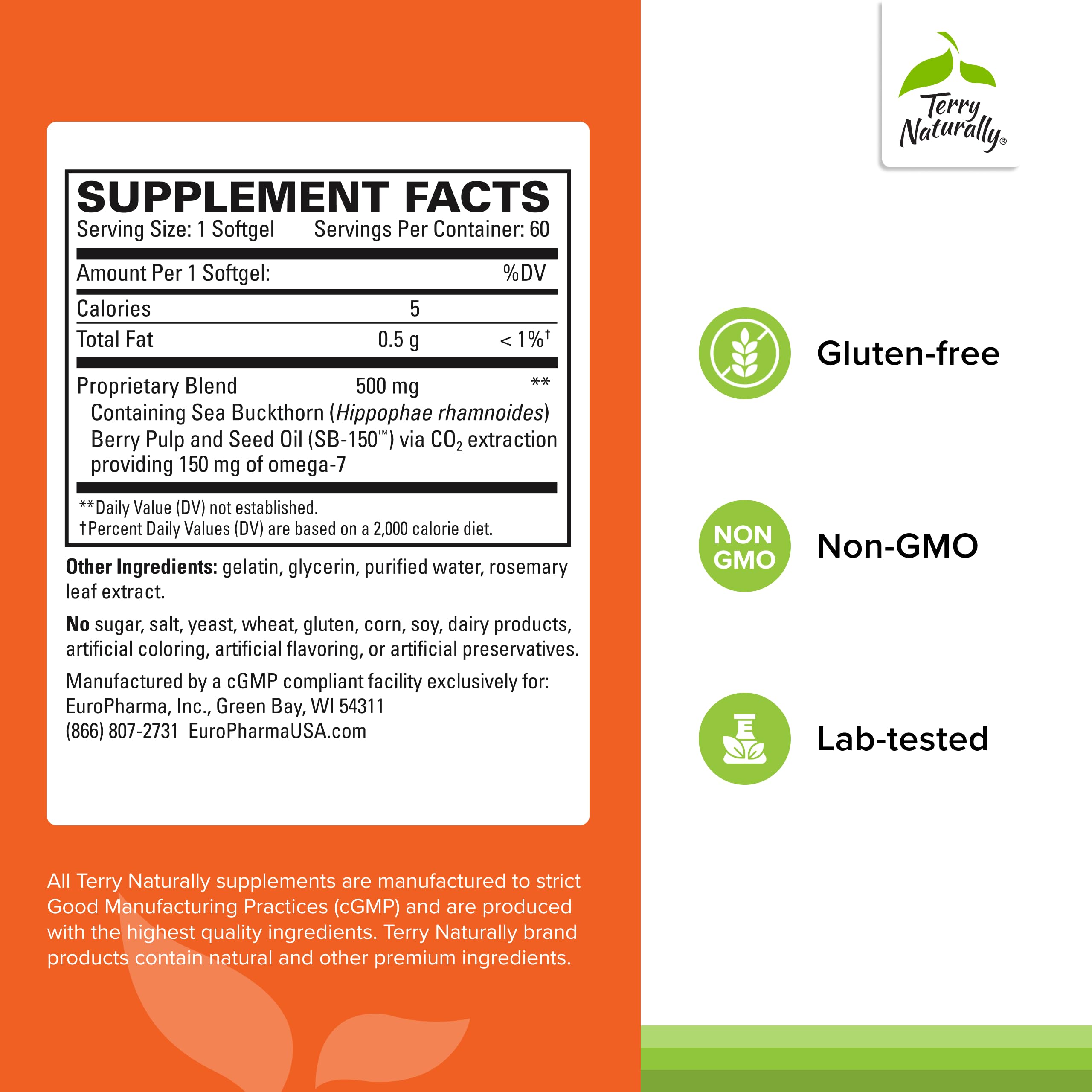 Terry Naturally Omega-7 softgel capsules for daily skin and gut support
