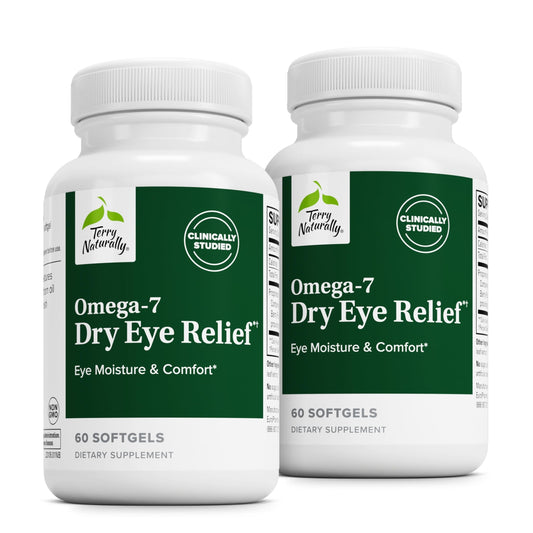 Terry Naturally Omega-7 dry-eye softgel bottle supports daily eye comfort and moisture.