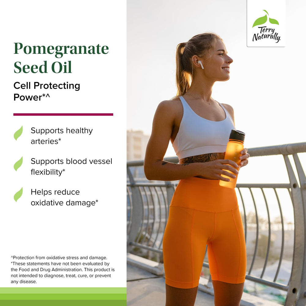 Terry Naturally Pomegranate Seed Oil label close-up highlighting ingredients and non-GMO quality.