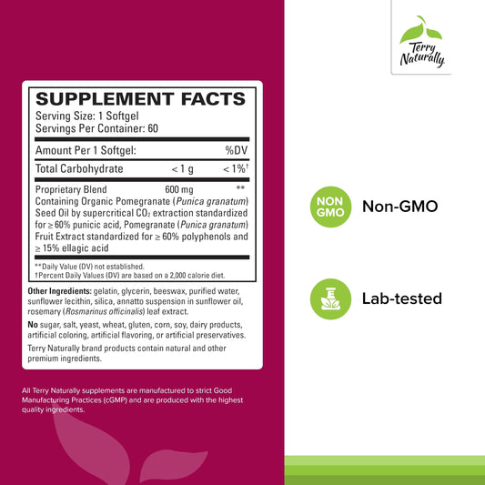 Terry Naturally Pomegranate Seed Oil softgels in bottle for convenient omega-5 intake.