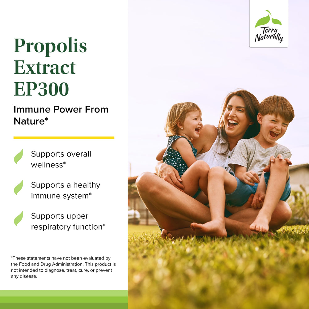 Packaging for Terry Naturally Propolis Extract highlighting non-GMO and gluten-free