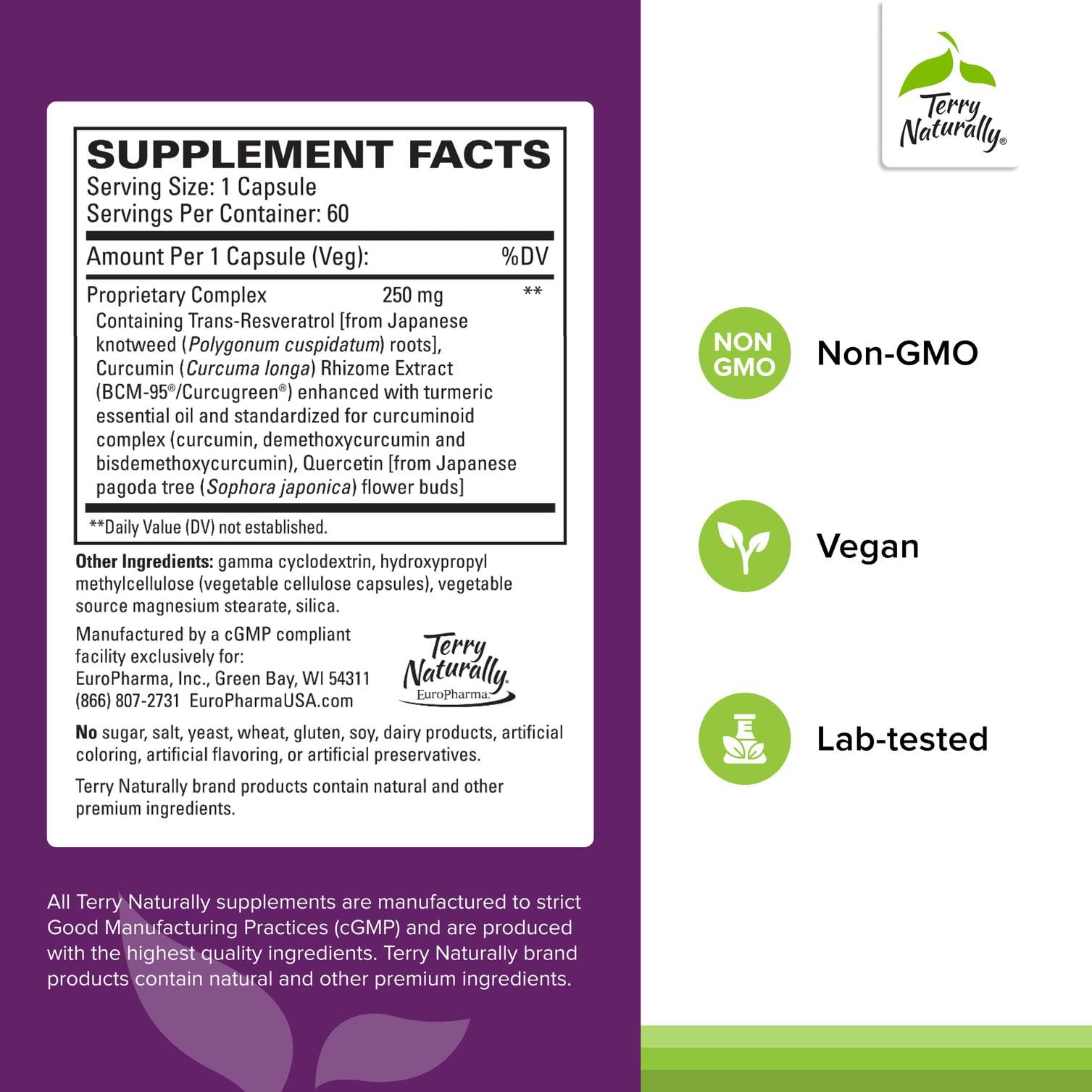 Terry Naturally Resveratrol Complex label showcasing vegan, non-GMO ingredients.