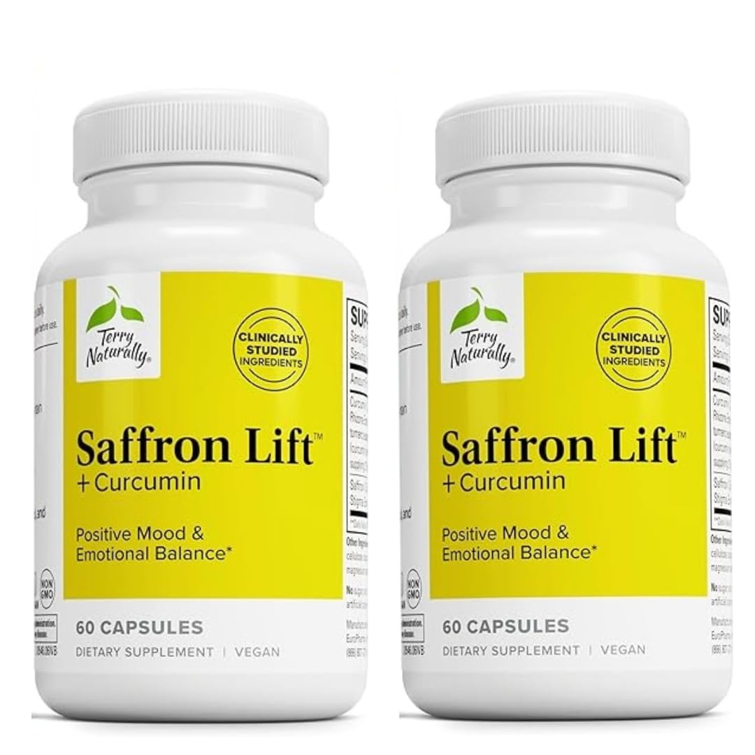 Terry Naturally Saffron Lift + Curcumin bottle front with capsules for focus and calm.