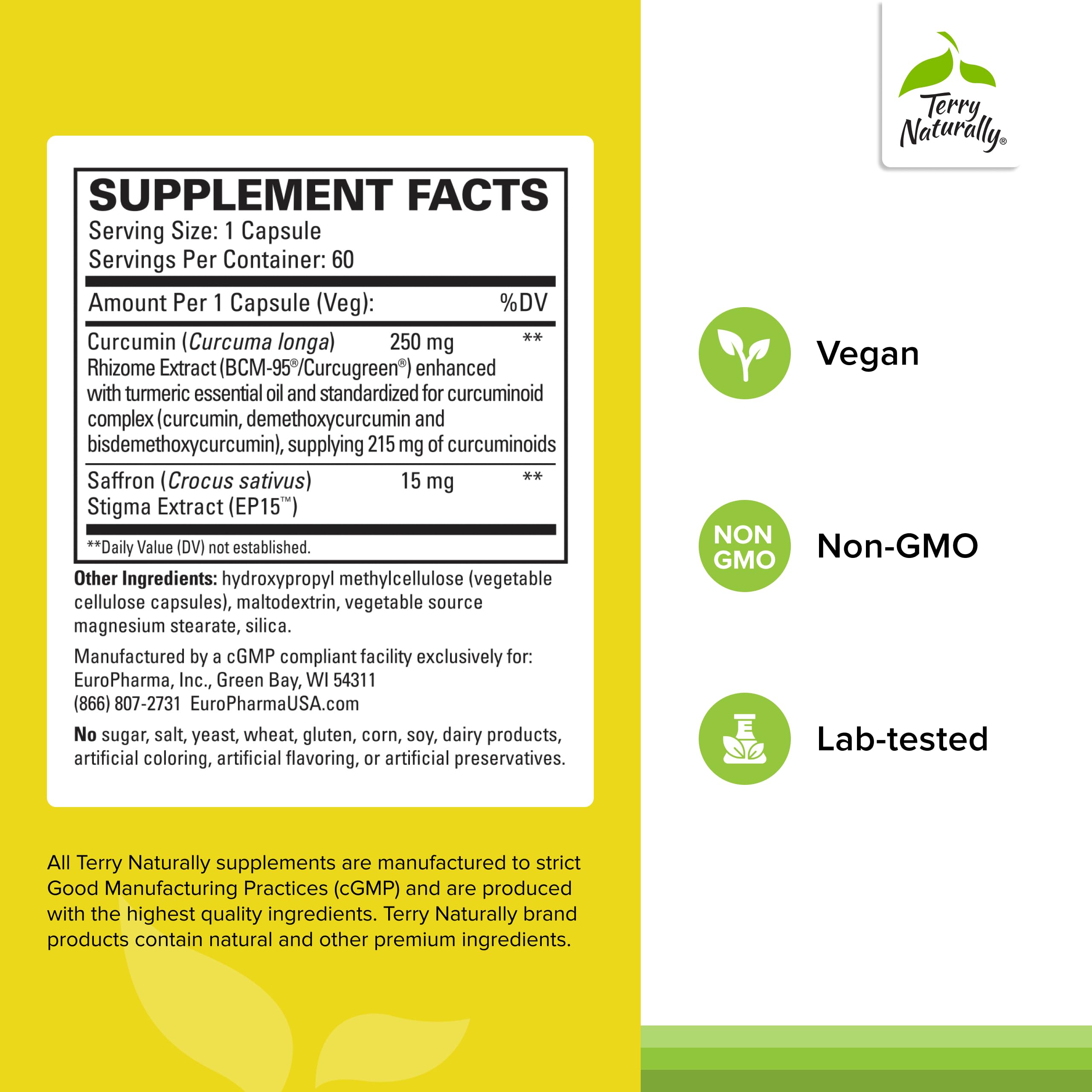 Close-up of Terry Naturally Saffron Lift Curcumin capsules for easy daily dosing.