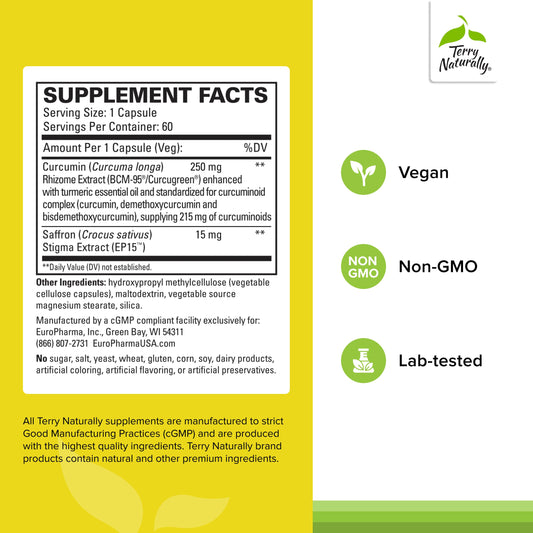 Close-up of Terry Naturally Saffron Lift Curcumin capsules for easy daily dosing.