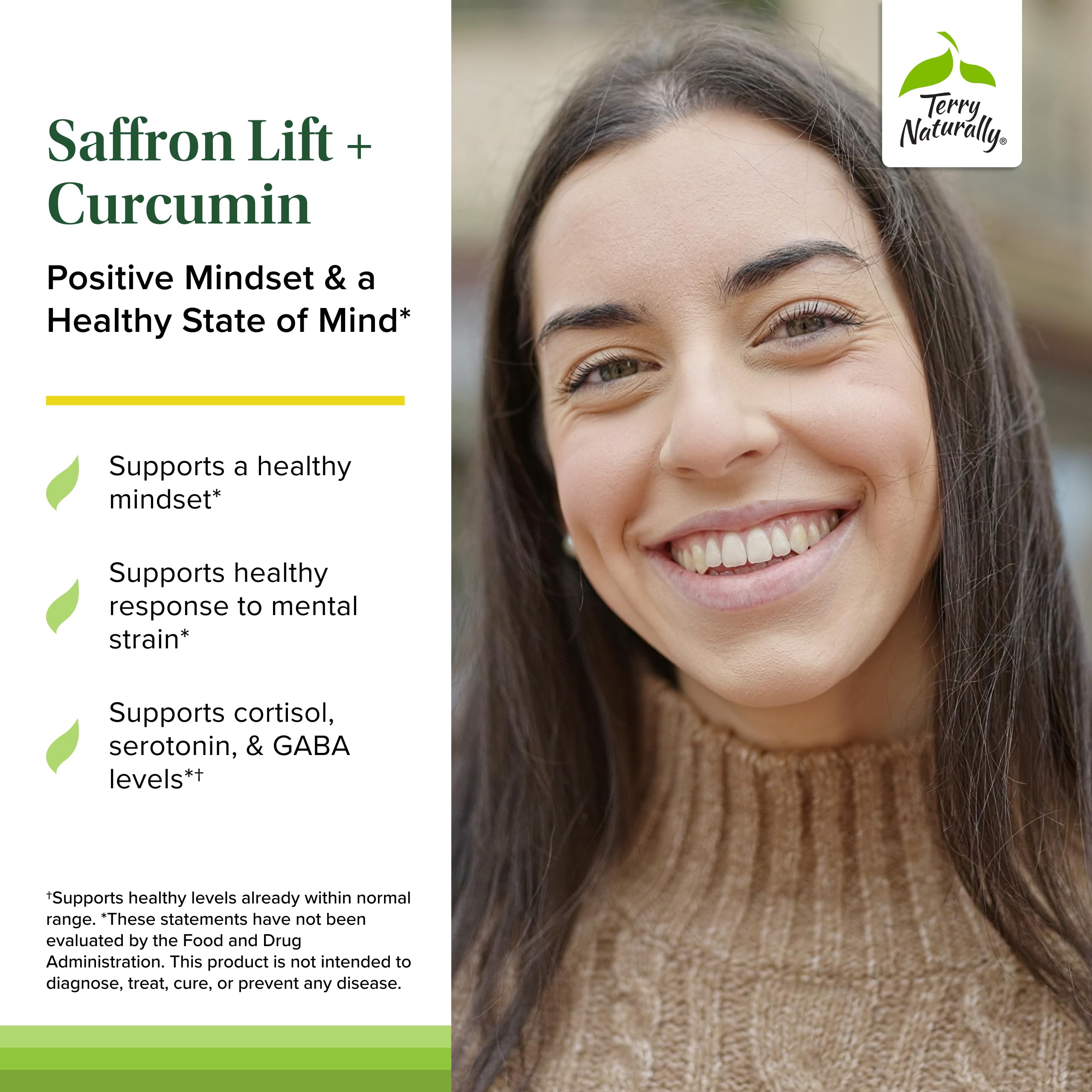 Terry Naturally Saffron Lift Curcumin label close-up highlighting testing and quality.