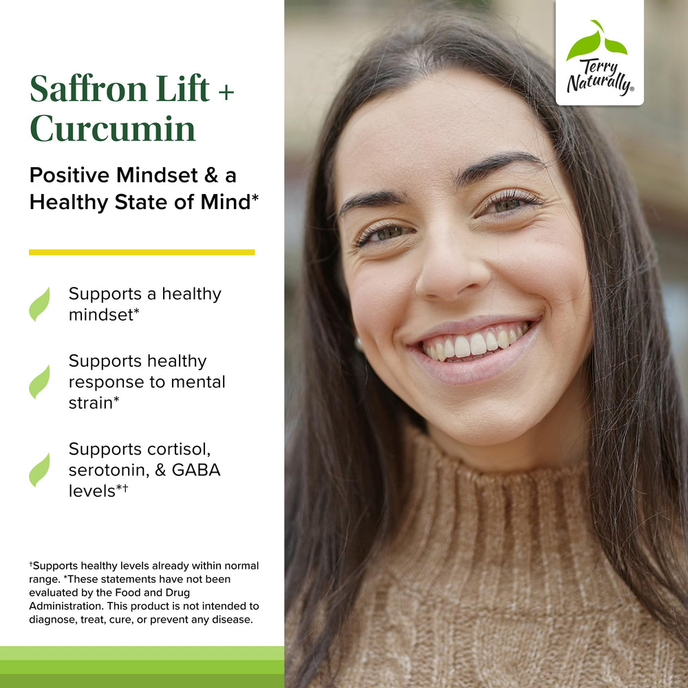Terry Naturally Saffron Lift Curcumin label close-up highlighting testing and quality.