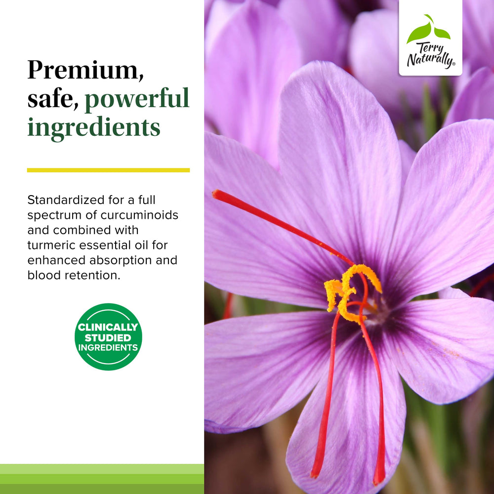 Saffron threads and bottle label emphasize key ingredient focus.