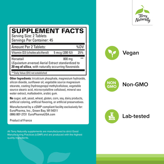 Terry Naturally Silica-20 capsules packaging showing allergen-free formula with no sugar gluten or dairy.