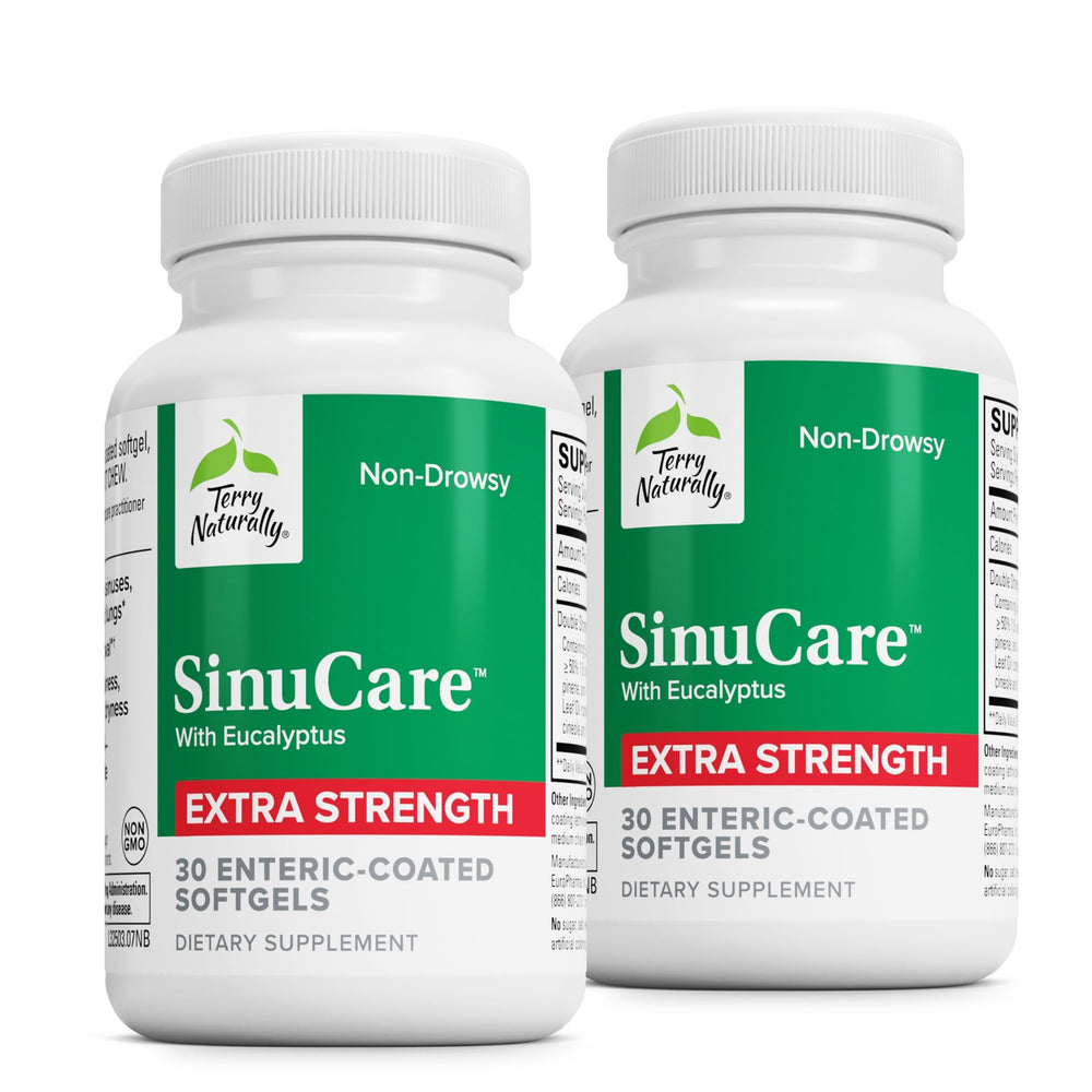 Terry Naturally SinuCare Extra Strength bottle being poured for convenient daily sinus support.