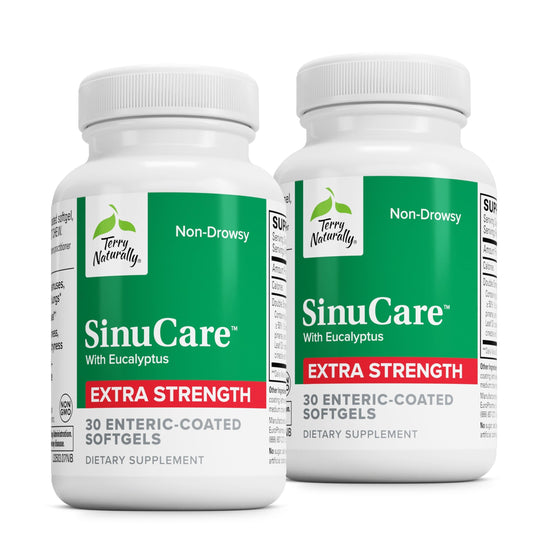 Terry Naturally SinuCare Extra Strength bottle being poured for convenient daily sinus support.