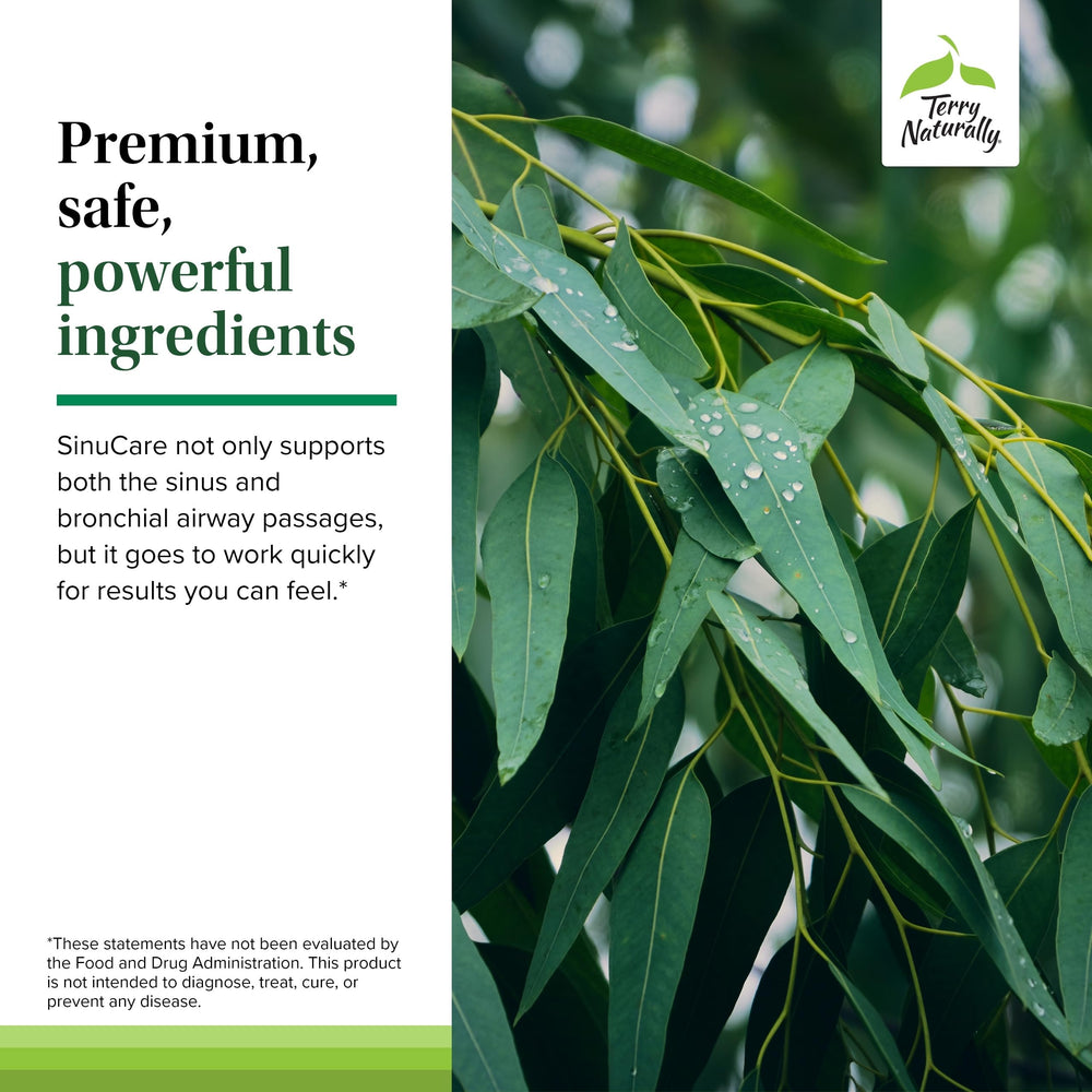 Label detail highlighting eucalyptus and myrtle ingredients for sinus care.