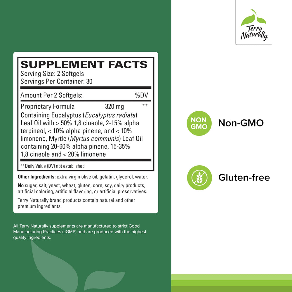 Close-up of SinuCare label highlights 60 softgels in a two-pack for easy dosing