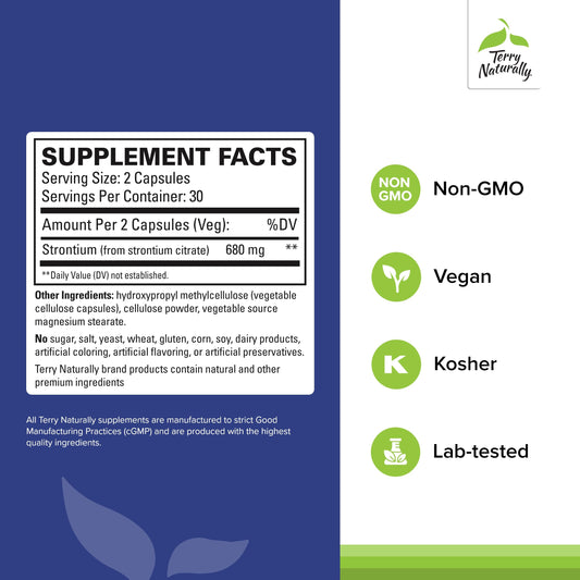 Terry Naturally Strontium capsules close-up highlighting absorption and vegan form
