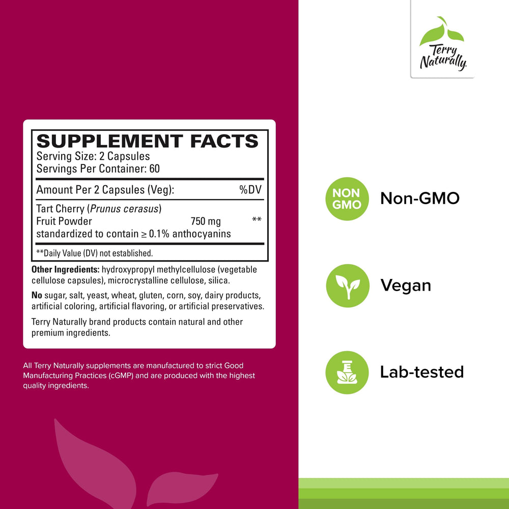 Terry Naturally Tart Cherry capsules closeup emphasize vegan capsules.