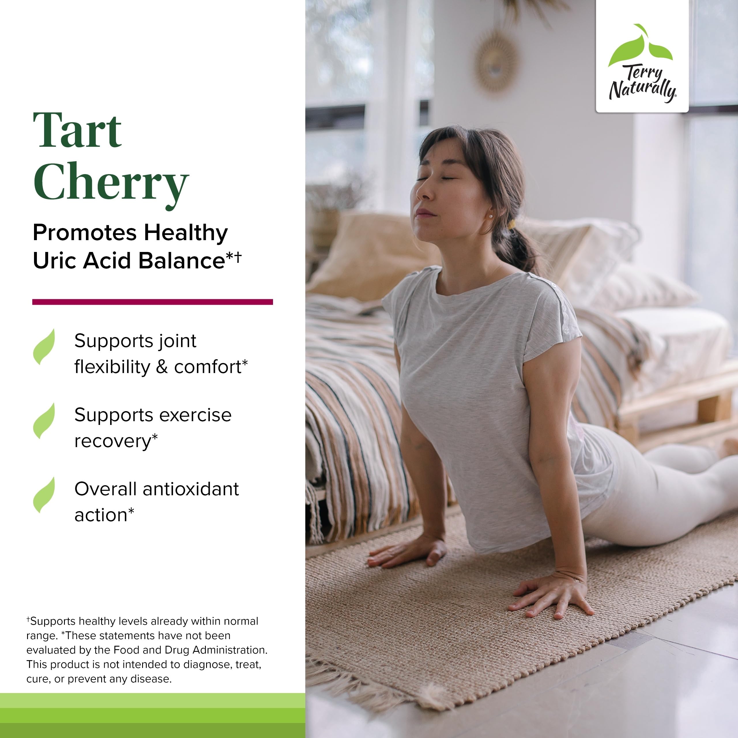 Terry Naturally Tart Cherry label detail shows ingredients and benefits.