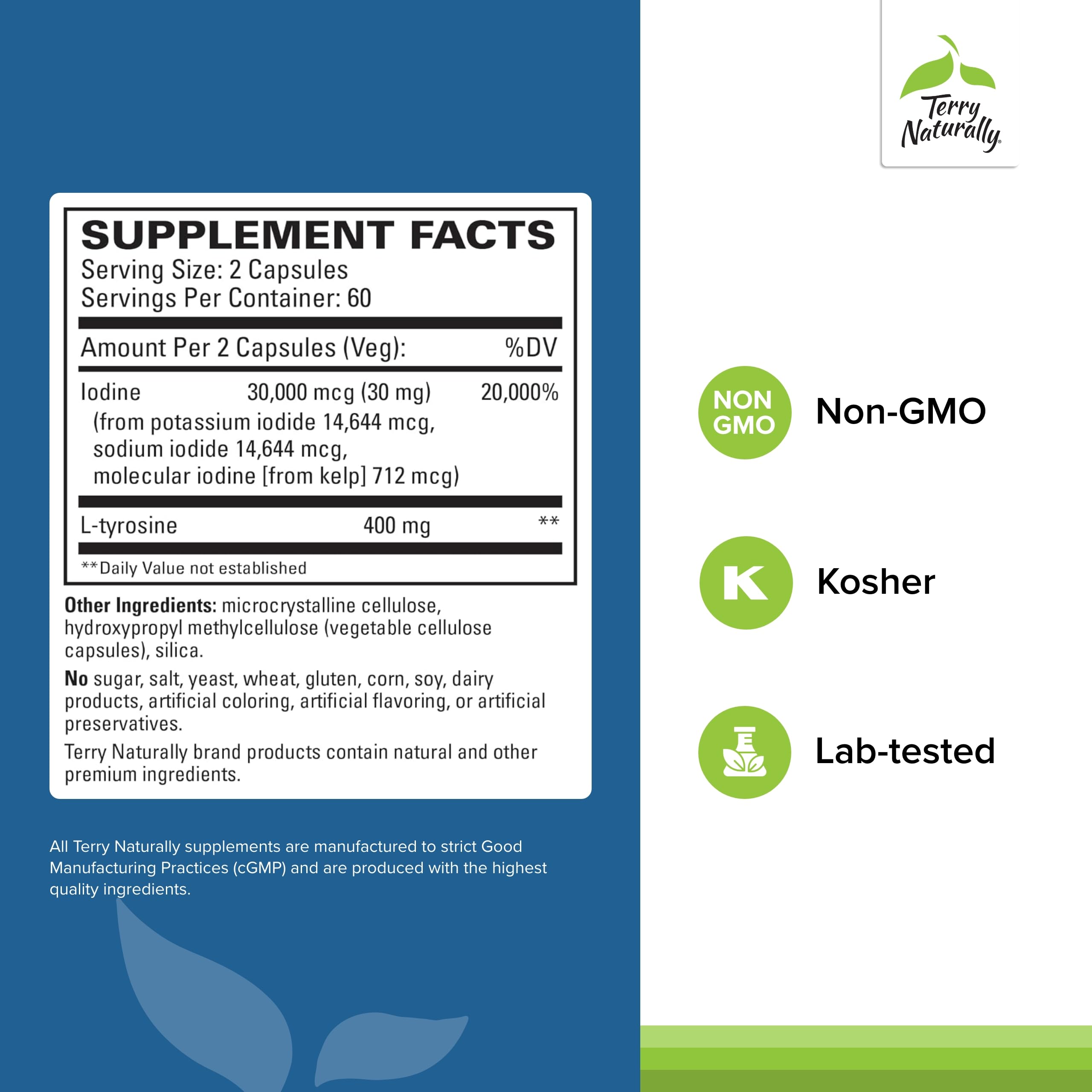 Terry Naturally Thyroid Care capsules close-up highlighting iodine and L-tyrosine benefits.