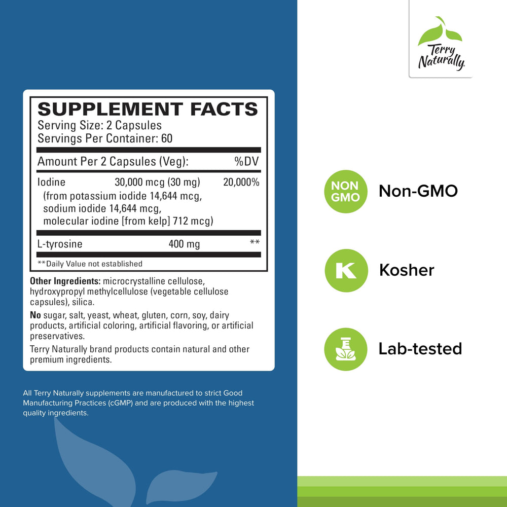 Terry Naturally Thyroid Care capsules close-up highlighting iodine and L-tyrosine benefits.