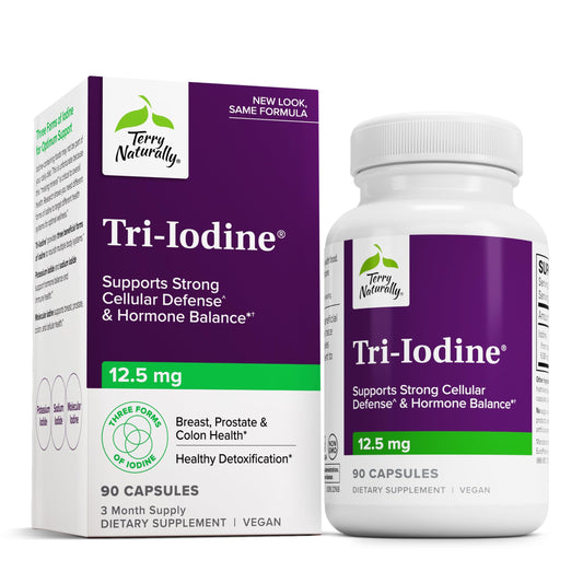Terry Naturally Tri-Iodine bottle front displays triple-iodine blend for potential thyroid support