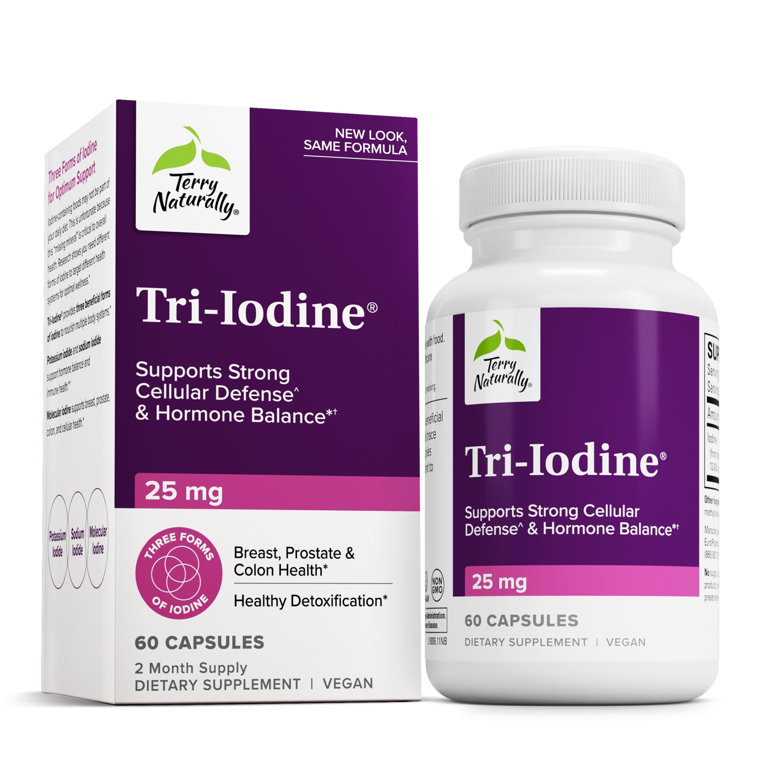 Terry Naturally Tri-Iodine bottle front highlighting three-iodine blend for hormone balance.